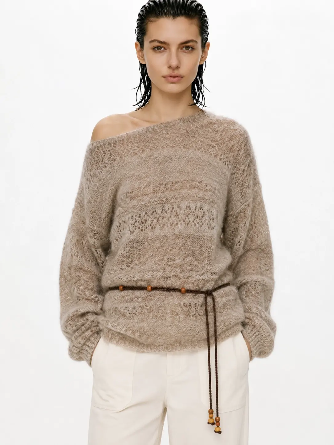 Factory High-Quality Baby Alpaca Wool Mid-Length Knit Sweater Geometric Crochet Patchwork Design