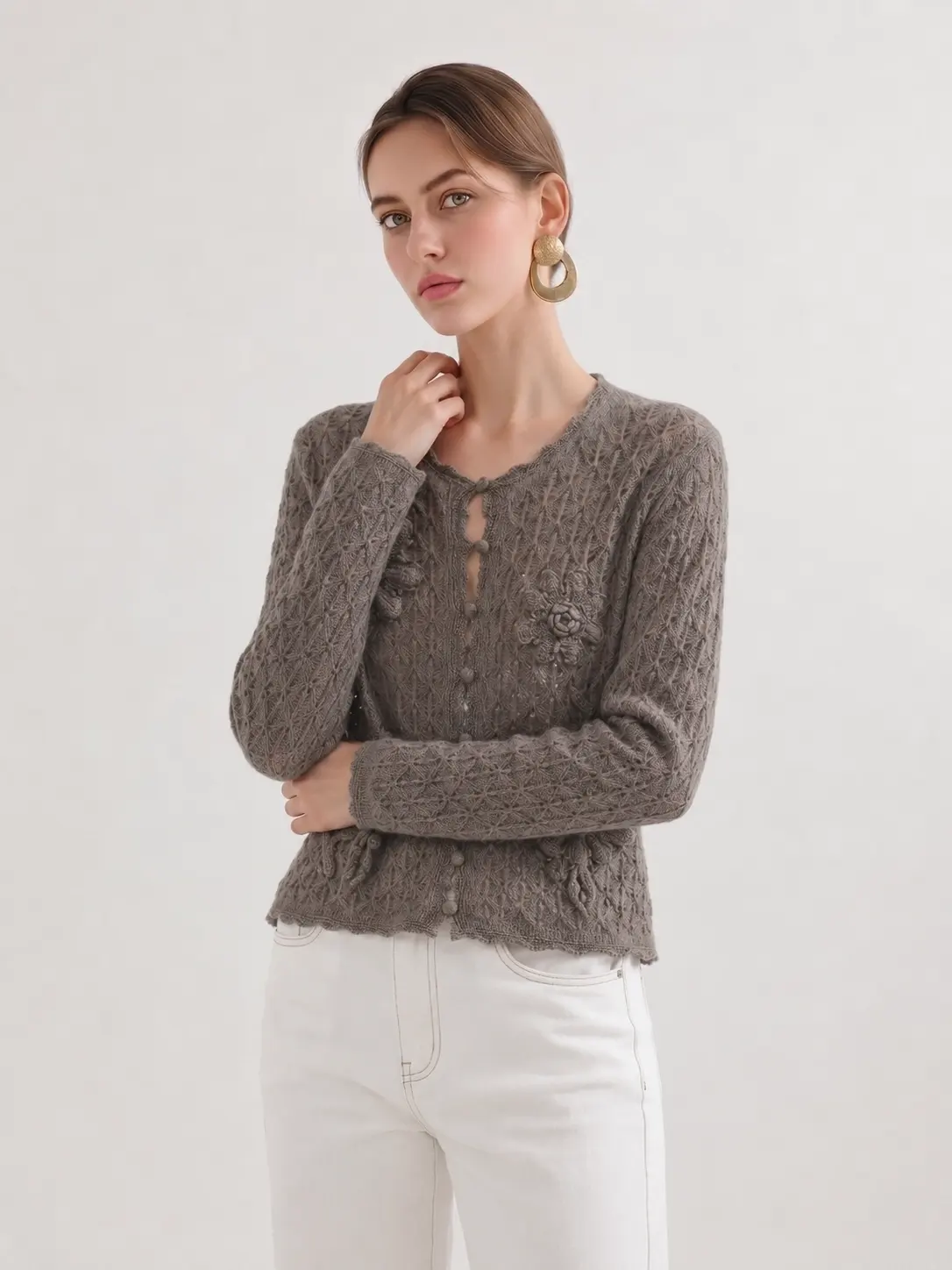 fashion embroidered flower knit cardigan