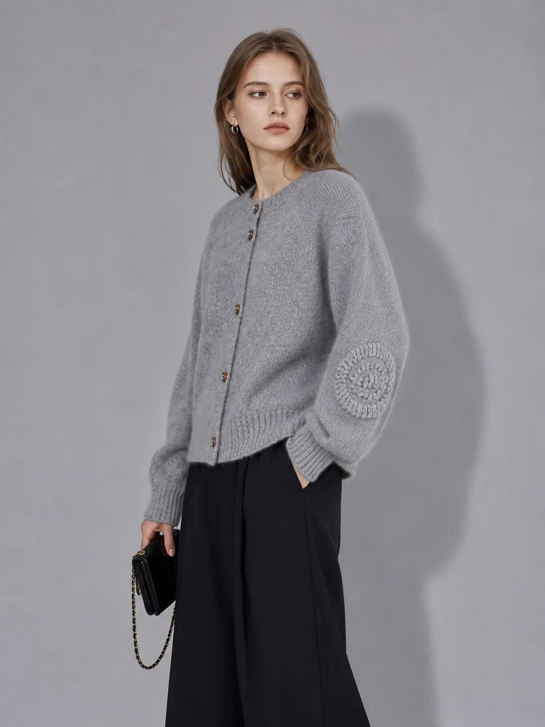soft grey minimalist knit jacket side image
