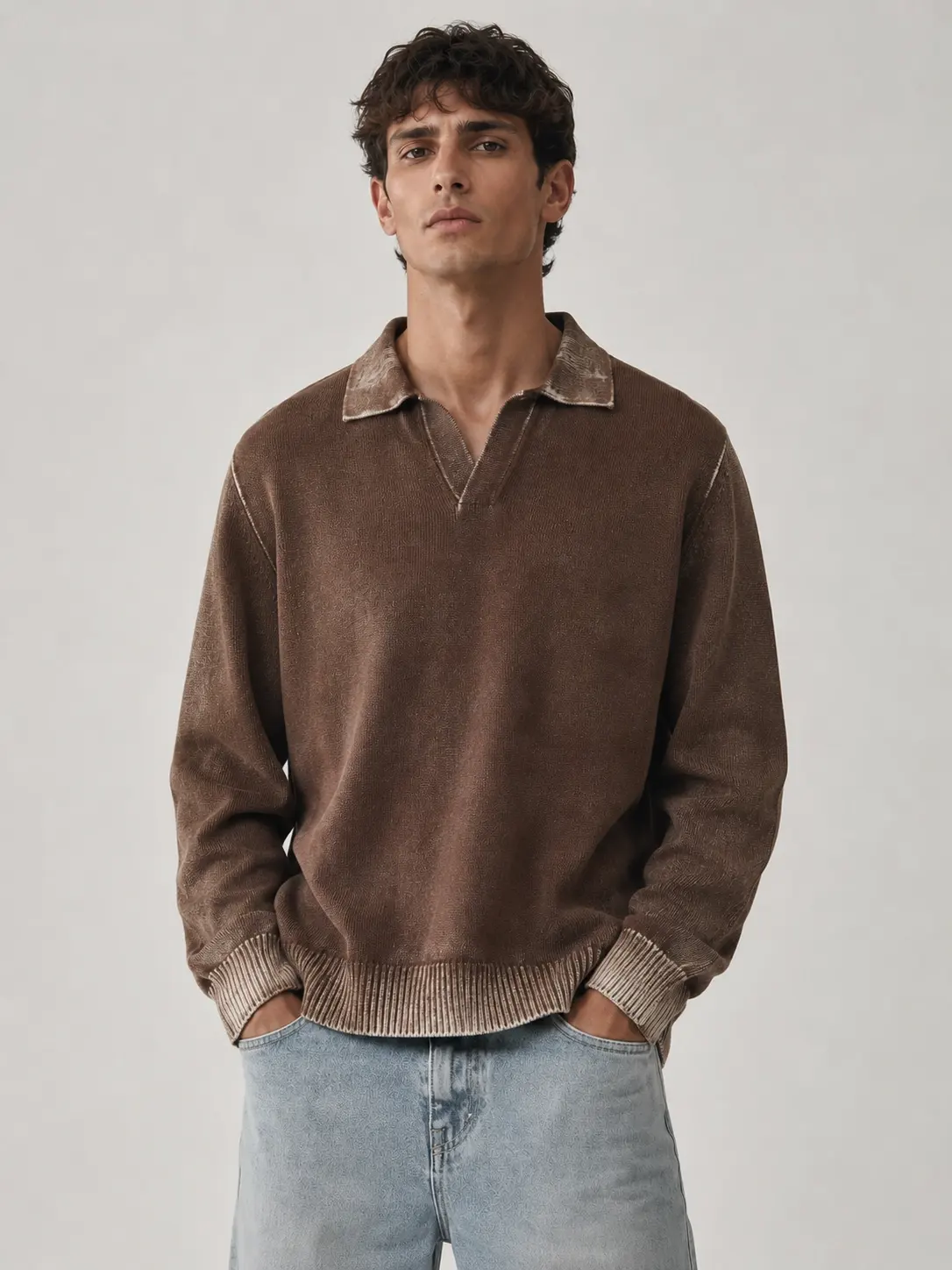 Men's Luxury Brown Polo Neck Knit Sweater Oversized Fit Casual Pullover Vintage Style Winter Jumper