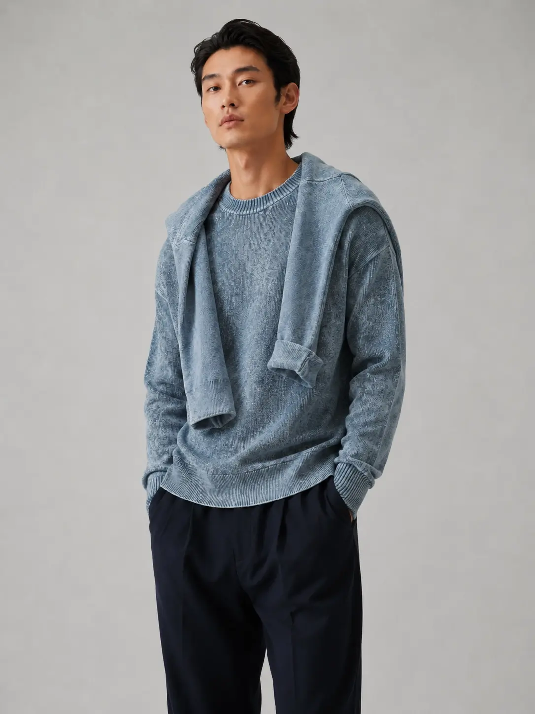 Men's Premium Blue Knit Sweater Oversized Fit Casual Luxury Pullover with Scarf Detail Soft Blend Winter Jumper