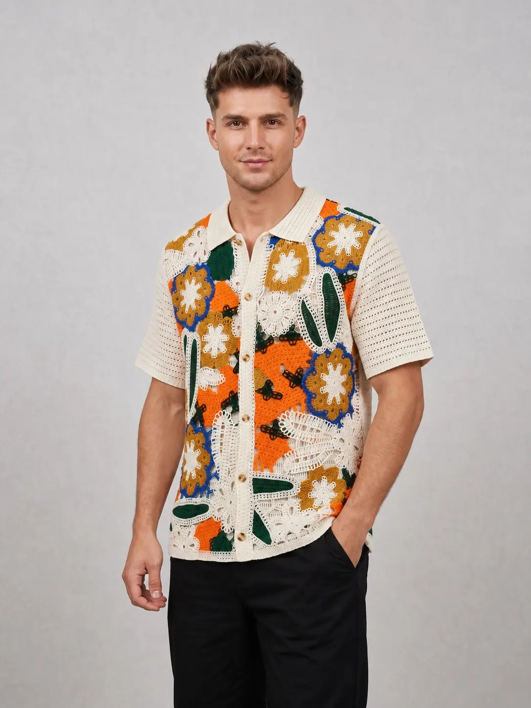 Wholesale Men's Polo Shirt Summer Casual Short Sleeve Imitation Hand-Crocheted Cardigan Slim Fit Hollow Floral Knitted Lapel Top