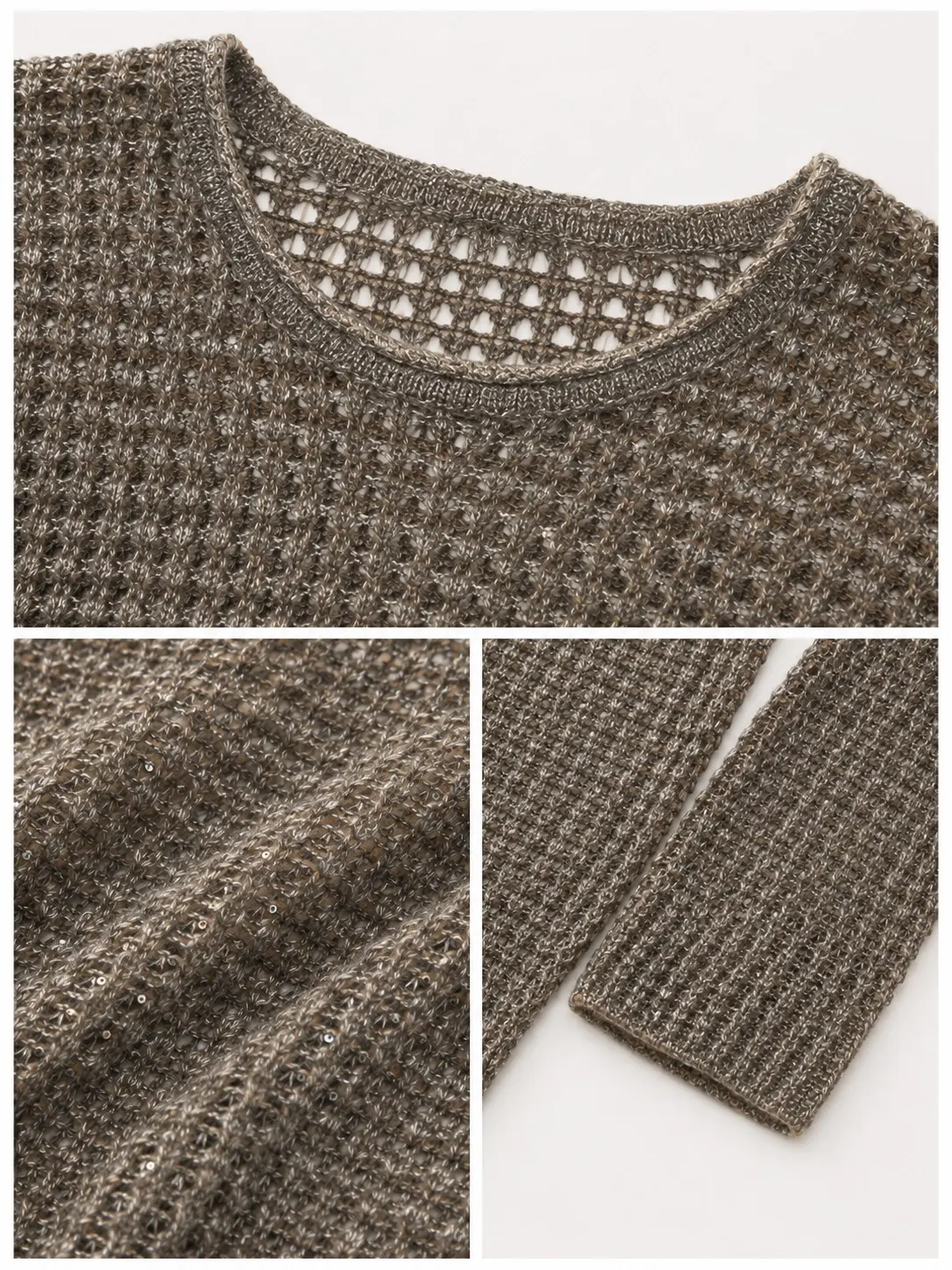 grey open-knit wool sweater details