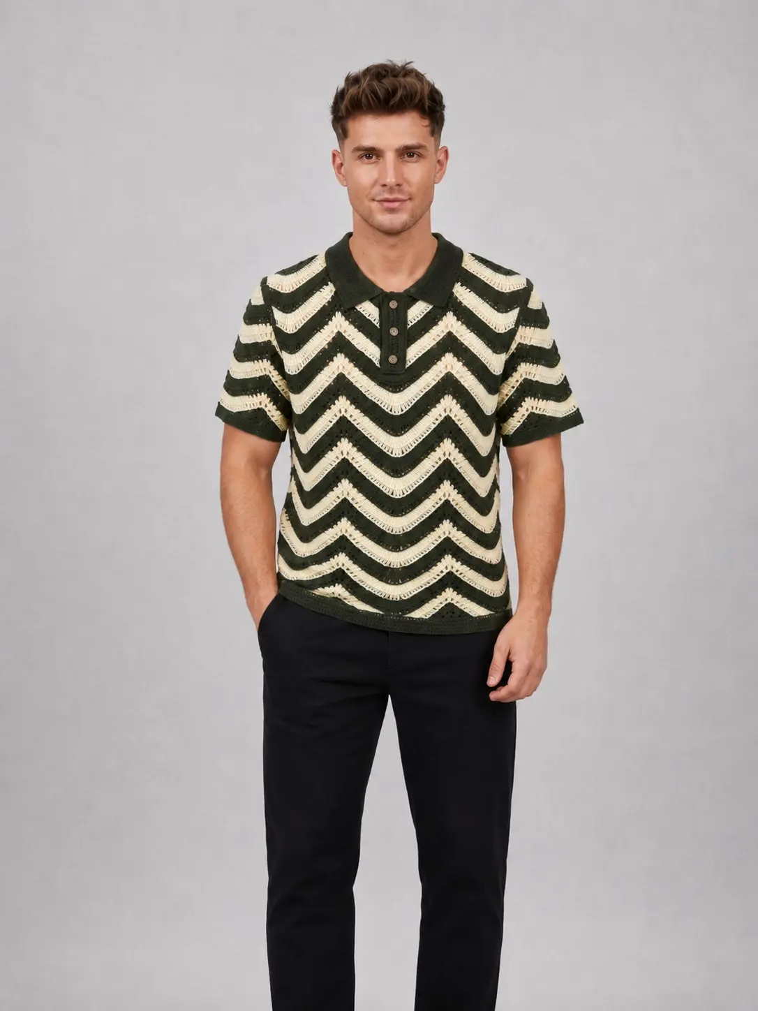 Vintage Crochet Jacquard Knit Polo Cardigan Shirt for Men