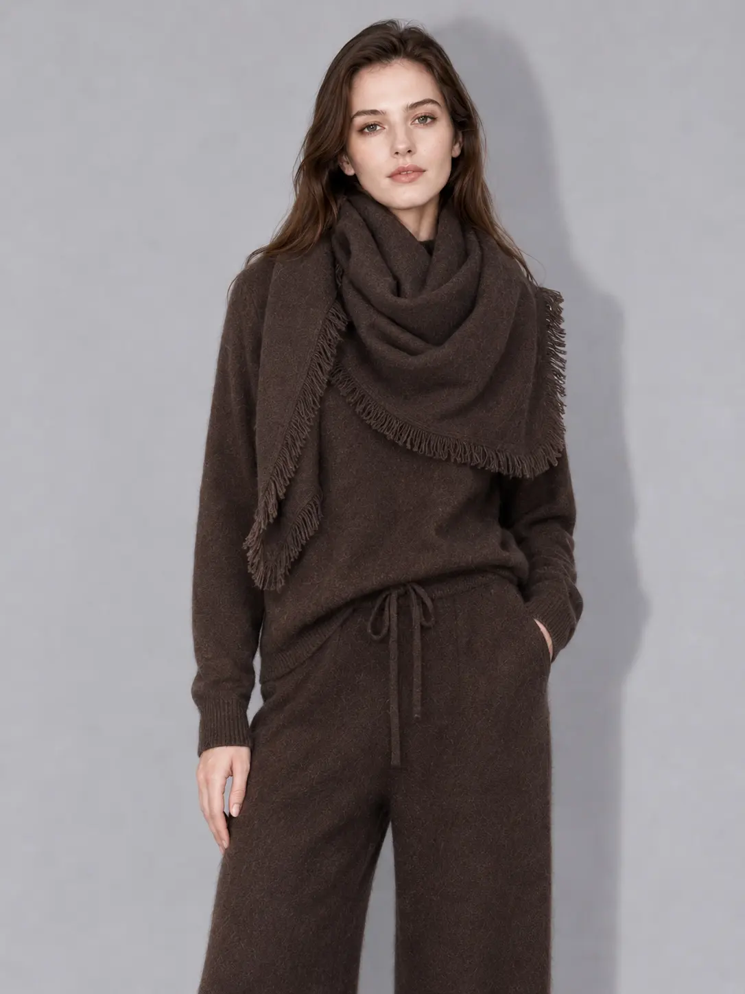Women Minimalist Luxury Brushed Knit Shawl Wrap Fringe Edge Triangle Poncho With Decorative Buckle Custom Color Logo OEM ODM Wholesale