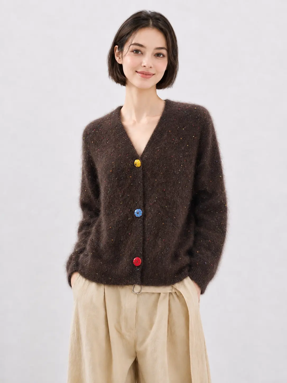 Vintage Fuzzy Wool Cardigan Women Brown Confetti Nep Speckled Knit V Neck Colorful Button Drop Shoulder Loose Sweater
